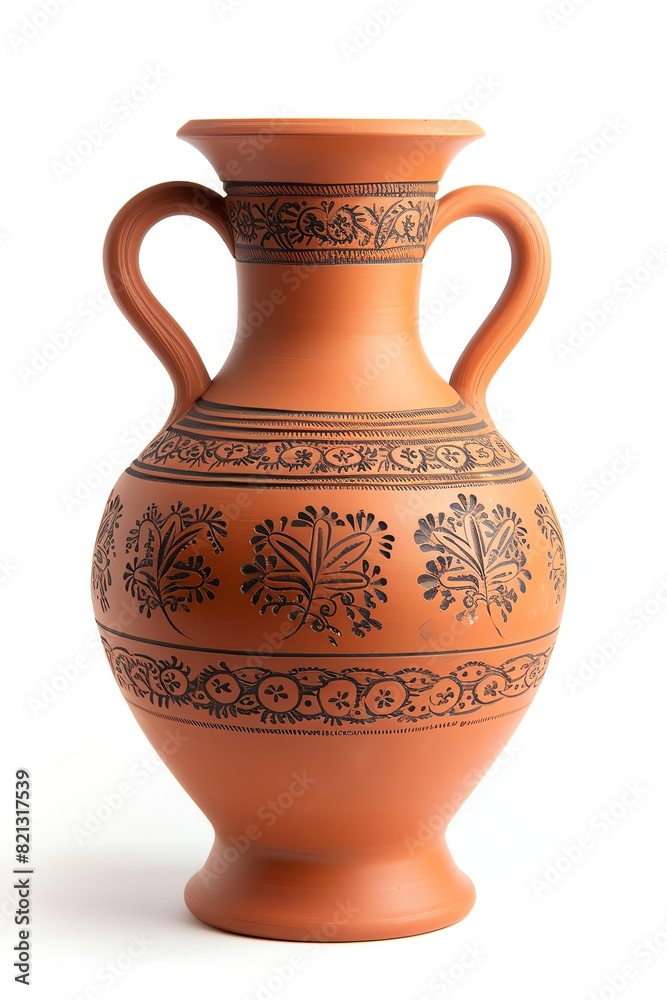 Elegant terracotta vase with intricate floral and geometric patterns, featuring two handles and a traditional design.