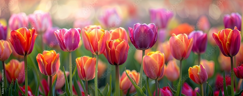Field of tulips in various colors, vibrant and cheerful, springtime bloom