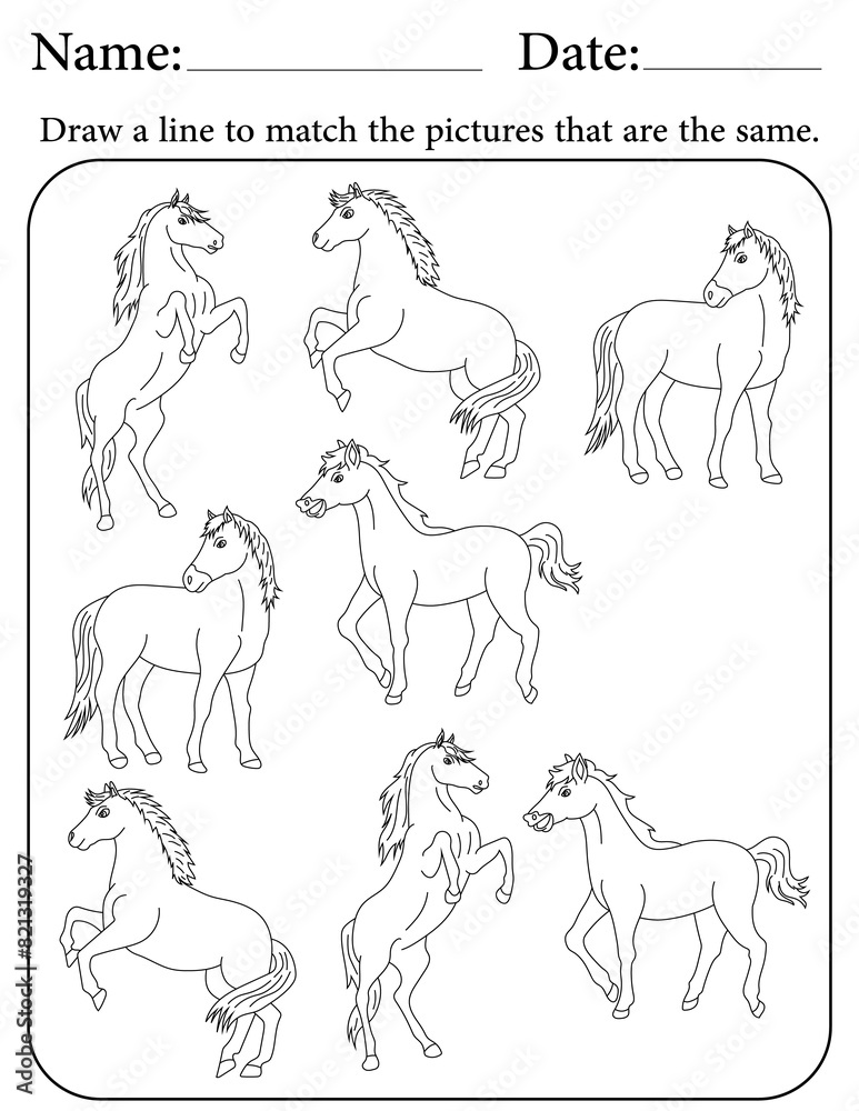 Horse Puzzle. Printable Activity Page for Kids. Educational Resources for School for Kids. Kids Activity Worksheet. Match Similar Shapes