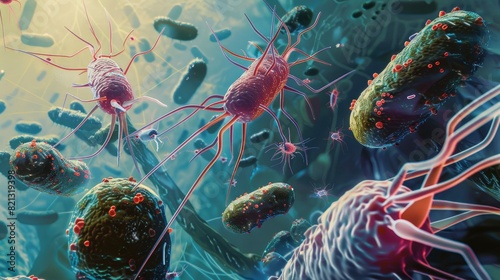 Escherichia coli 3d and other bacteria scientific illustration of microbiology under a microscope photo