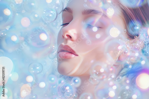 Tranquil Spa Advertisement: Gentle and Nourishing Facial Cleansing Routine with Bubbles and Soft Pastel Colors