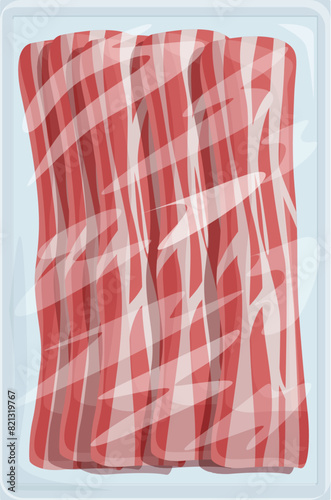 Vacuumsealed raw bacon strips packaged in transparent plastic for convenient storage and preservation. Ideal for breakfast and available at your local grocery store for added convenience