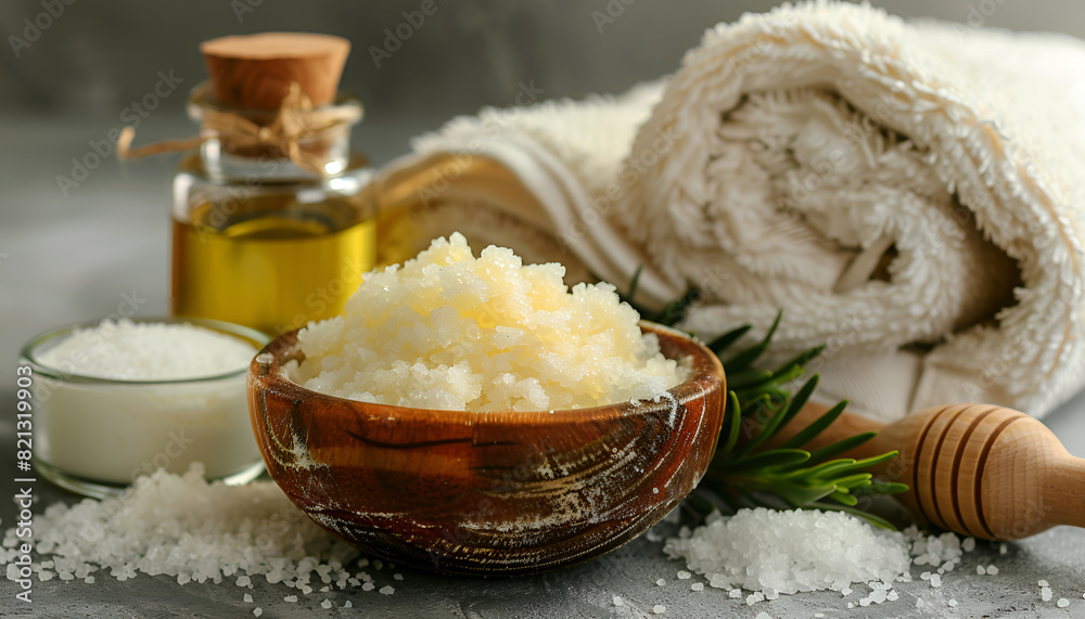 Natural Ingredients Homemade Body Sea Salt Scrub with Olive Oil Honey Milk White Towel
