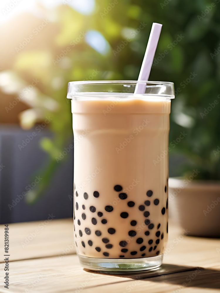 Bubble milk tea in a clear glass with straw on a wooden table plank. There is sunlight and bokeh background Bubble milk tea in a clear glass with straw on a wooden table plank. There is sunlight and bokeh background