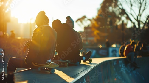 A group of skateboarders sitting on the edge of a ramp taking a break and discussing the latest developments in quantum mechanics. photo