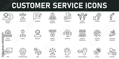 Customer Service Icons vector illustration with thin line editable stroke containing experience, feedback, complaint, brand reputation, operator, support, FAQ, help, service, troubleshooting, customer