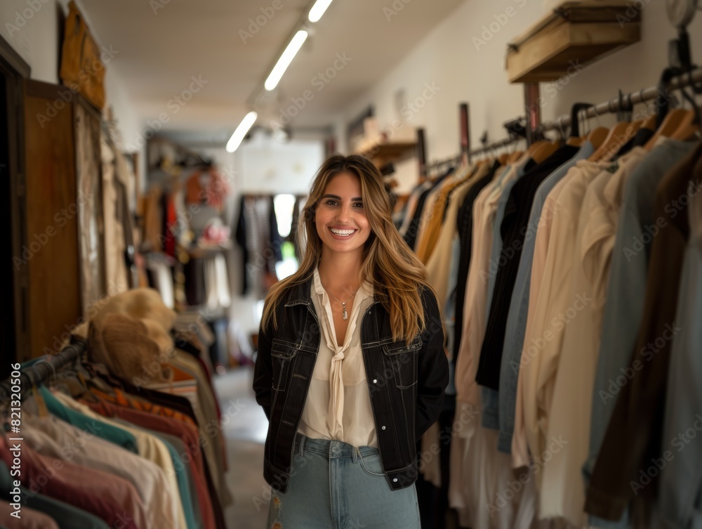 Young attractive woman smiling against the background of a clothing store. Small business owner, store manager, successful modern businesswoman. Young attractive woman smiling against the background of a clothing store. Small business owner, store manager, successful modern businesswoman.