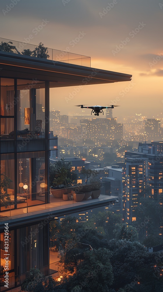 A drone delivering a package to a modern apartment balcony, with a futuristic cityscape in the background A drone delivering a package to a modern apartment balcony, with a futuristic cityscape in the background