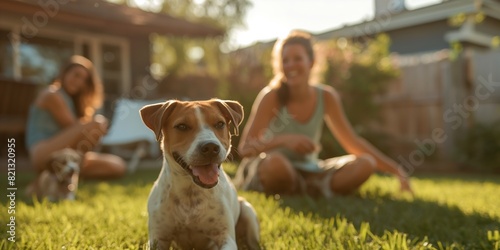 A cute dog facing the camera with blurred people sitting in a backyard setting, implying companionship photo