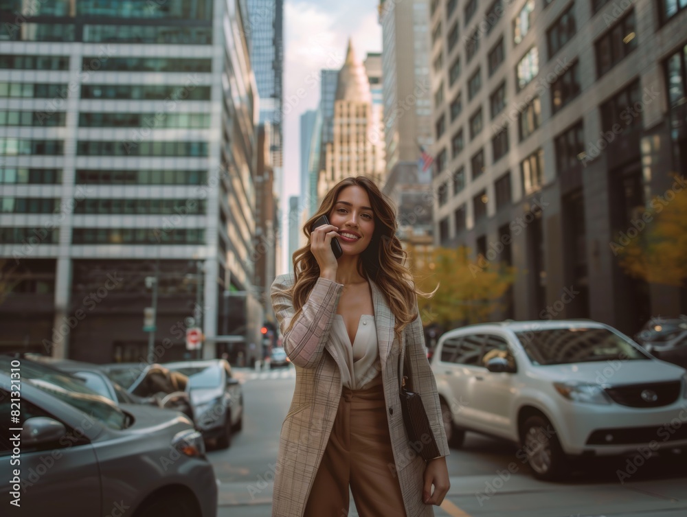 A young business lady uses a smartphone while in the business district of the city against the backdrop of high-rise buildings. Successful young woman, businesswoman. A young business lady uses a smartphone while in the business district of the city against the backdrop of high-rise buildings. Successful young woman, businesswoman.