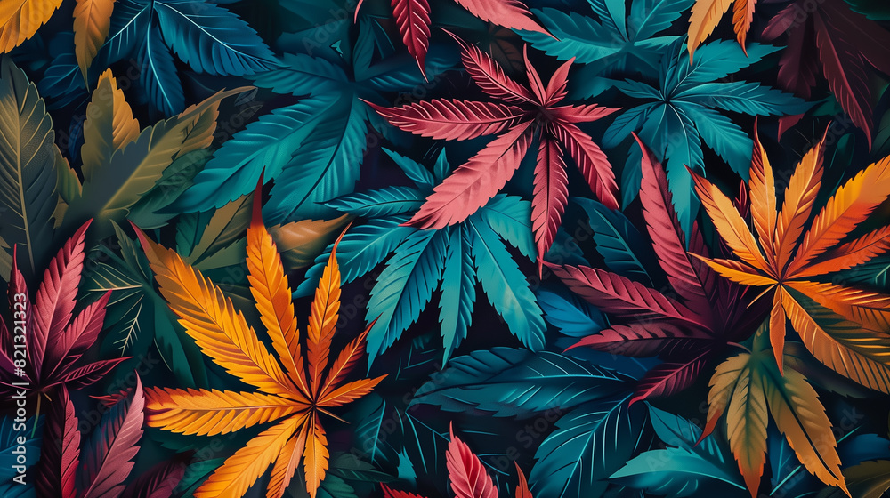 Vibrant and diverse palette of cannabis leaf pattern as an intricate artistic background Vibrant and diverse palette of cannabis leaf pattern as an intricate artistic background