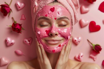Romantic Valentine's Day Skincare: Woman with Heart-Themed Facial Mask and Roses for Festive Beauty Routine