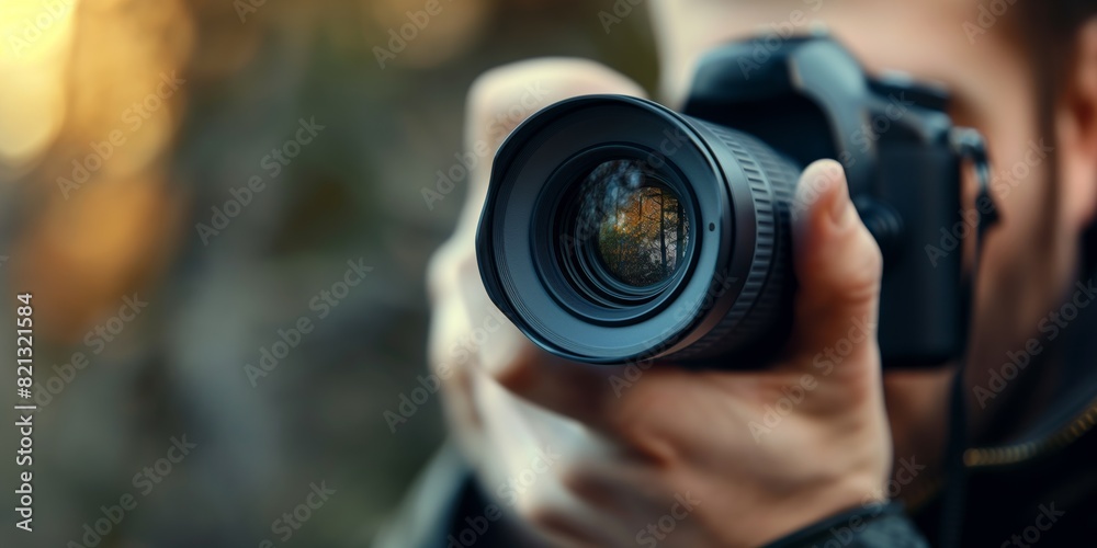 This image showcases a close-up view of a DSLR camera lens and a blurred background suggesting a photography session