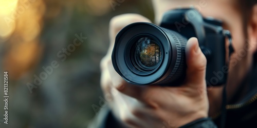 This image showcases a close-up view of a DSLR camera lens and a blurred background suggesting a photography session