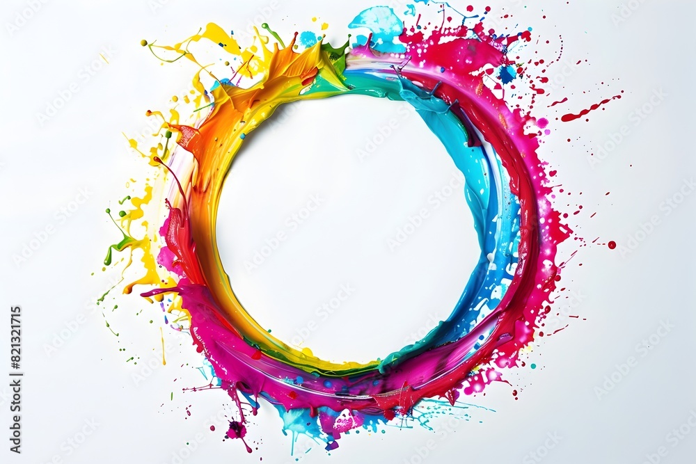 Colorful paint splashes in the shape of an O, forming a circular design on a white background
