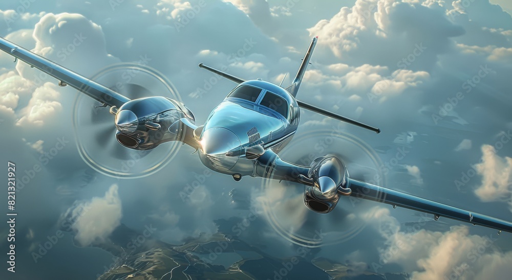 Fototapeta premium Blue and White Airplane Flying Through the Sky