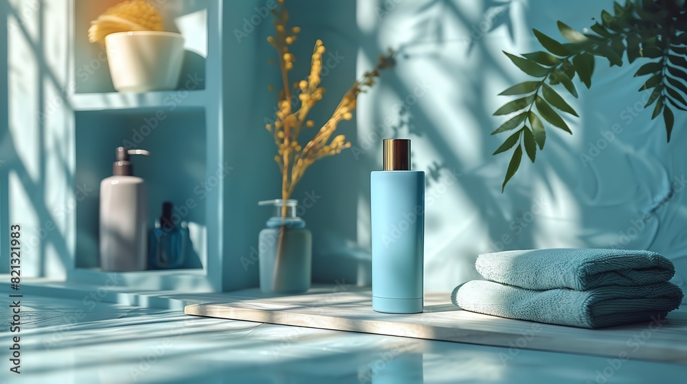 Hypoallergenic baby cream bottle with Vitamin E bathroom shelf side view representing sensitive skin care futuristic tone Complementary Color Scheme Hypoallergenic baby cream bottle with Vitamin E bathroom shelf side view representing sensitive skin care futuristic tone Complementary Color Scheme
