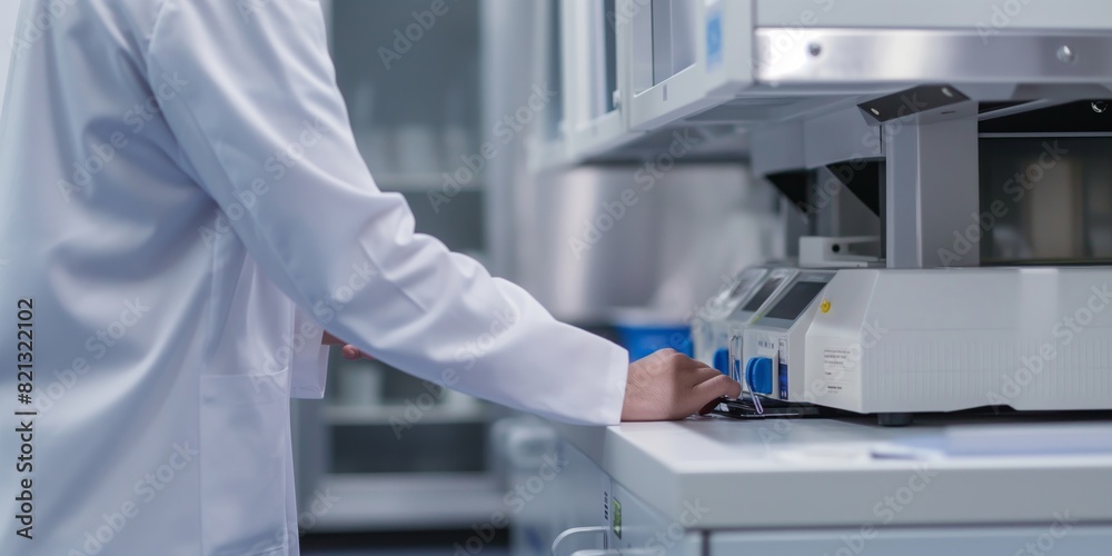 A scientist's hand is shown operating sophisticated laboratory machinery in a clean, clinical setting A scientist's hand is shown operating sophisticated laboratory machinery in a clean, clinical setting