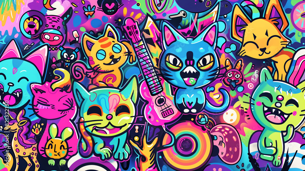 Vibrant graffiti wall featuring a multitude of whimsical cartoon cats in various playful poses and expressions, with lively colors and details Vibrant graffiti wall featuring a multitude of whimsical cartoon cats in various playful poses and expressions, with lively colors and details