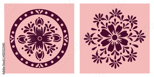 Folk floral vector illustration design elements set for invitation, branding, different types of pink ceramic tiles with colorful plants, flower ornament, traditional arabesque mandala collection