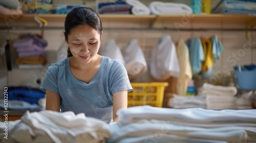 A domestic helper in a casual t-shirt is seen folding laundry in a bright laundry room, with neatly stacked towels and clothes in the background, highlighting her systematic approach to household