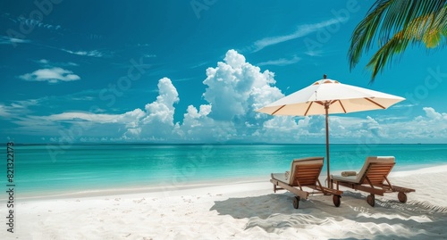 Two Lounge Chairs Under an Umbrella on a Beach
