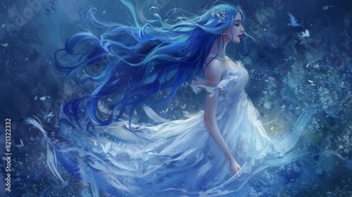 Anime girl with blue hair and white dress under the full moon