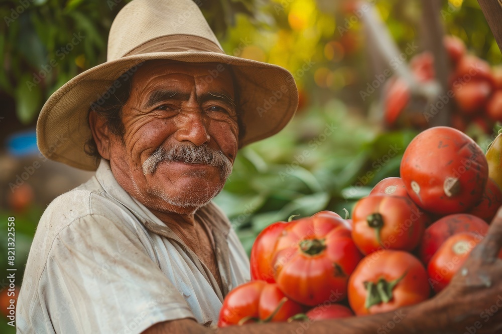 A hispanic man farmer in a hat holding a basket filled with ripe tomatoes