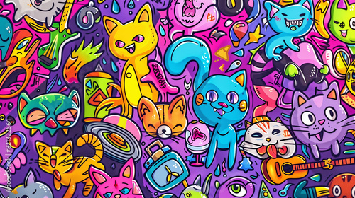 Vibrant graffiti wall featuring a multitude of whimsical cartoon cats in various playful poses and expressions, with lively colors and details