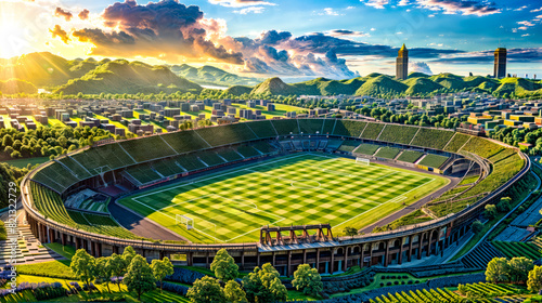 Aerial view of soccer stadium with beautiful sunset in the background. photo