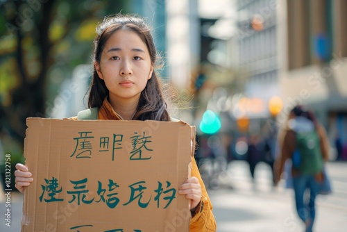 An asian woman holding a sign written in a foreign language