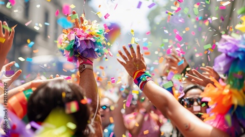 Pride parade with colorful confetti and energetic participants photo