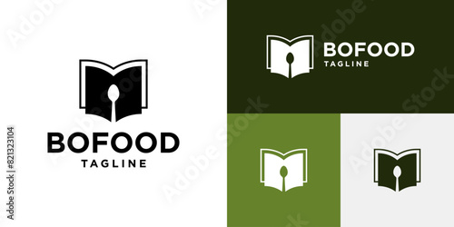 Vector design template of book logo combined with cutlery. Restaurant, menu, education, health. Symbol icon EPS 10.