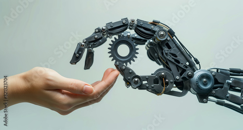 Human touch meets technology. A person's finger makes contact with a robot's hand, symbolizing the connection and interaction between humanity and artificial intelligence. Generative AI