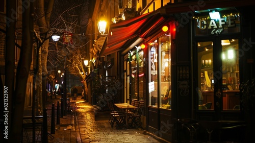 A late-night café with soft lights creates a cozy, secluded corner for night owls, a haven of warmth and whispers. photo