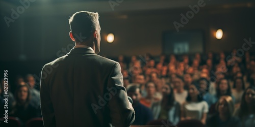 A man in a suit is facing a large audience in a dark auditorium, evidently giving a presentation or lecture