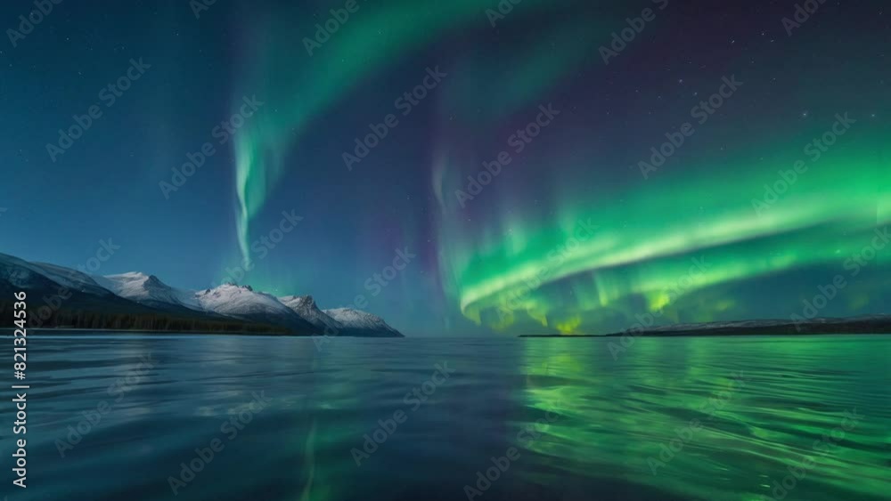 aurora borealis over north sea and arctic snowy mountains, starry night, beautiful calm nature background. aurora borealis over north sea and arctic snowy mountains, starry night, beautiful calm nature background.