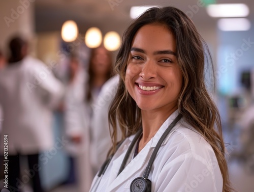 Smiling nurse, young doctor against the background of his colleagues in the hospital.