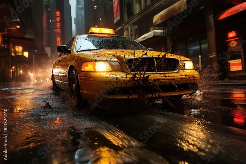 Night taxi persecution in heavy rain., generative IA photo