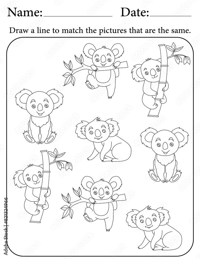 Koala Puzzle. Printable Activity Page for Kids. Educational Resources for School for Kids. Kids Activity Worksheet. Match Similar Shapes