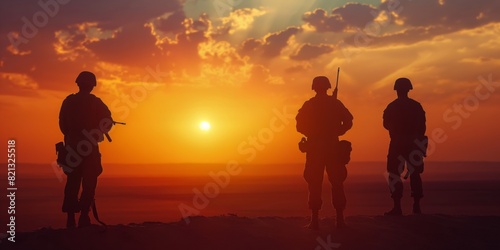 Three soldiers stand in silhouette against a stunning sunset, with rays piercing the clouds