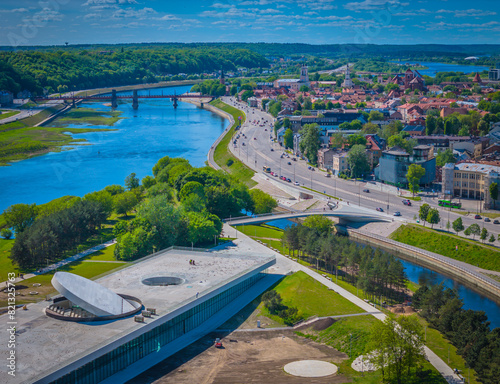 Aerial view of science museum in Nemunas island and Kaunas city center from above. Drone photo photo