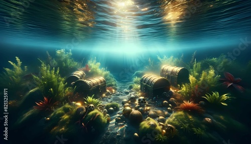 An underwater scene showcasing a sunken pirate ship lying on the ocean floor  surrounded by sea creatures and coral reefs.