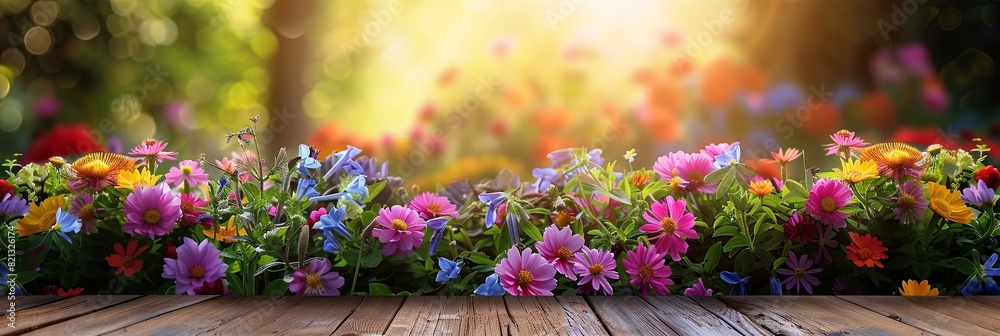 Fototapeta premium Colorful flowers and garden tools scattered on a wooden table against a blurred natural background. Generative AI