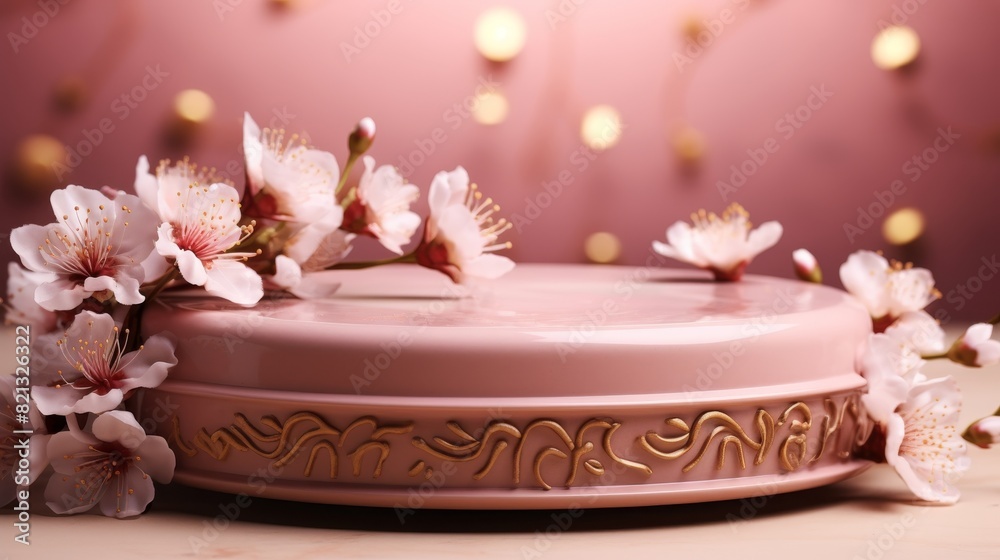 3d spring flower product display on pink podium stand with floral mockup cosmetic design 3d spring flower product display on pink podium stand with floral mockup cosmetic design