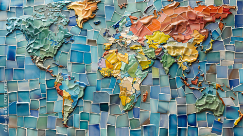World map made of glass tiles and multi-colored ceramics
