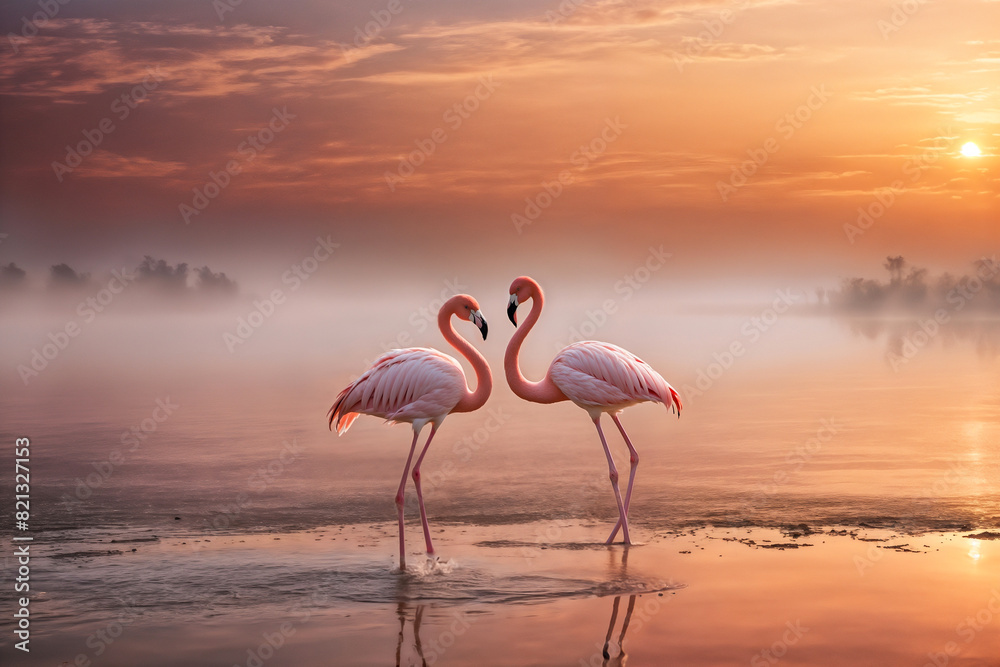 Obraz premium Couple pink flamingos on lake at sunset
