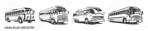 collection of black and white design vector bus car silhouettes,