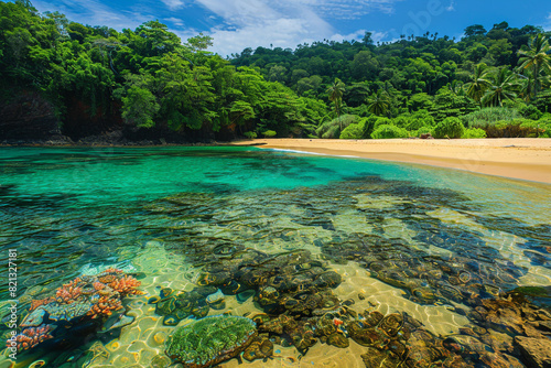 A secluded tropical beach with golden sand  crystal-clear water  and colorful coral reefs visible just beneath the surface  surrounded by a lush green forest
