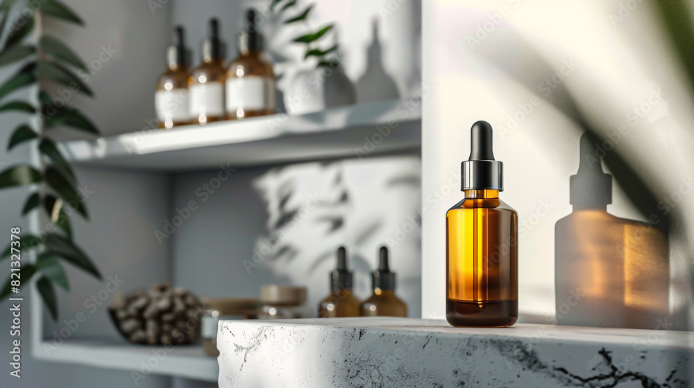 Amber glass dropper bottles with natural elements on a white shelf. A clean, minimalist aesthetic with soft lighting. Amber glass dropper bottles with natural elements on a white shelf. A clean, minimalist aesthetic with soft lighting.